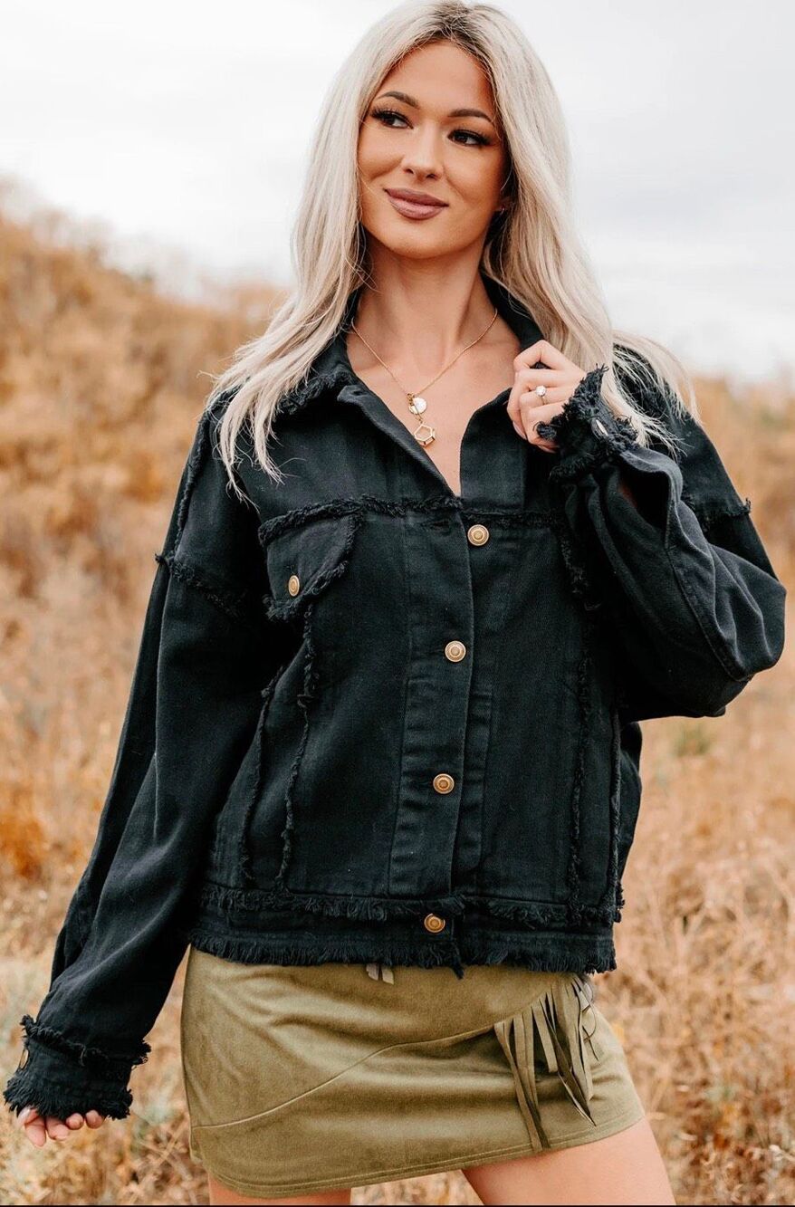 Black Oversized Raw Hem Denim Shacket Jacket Frayed Trucker Button Up HYFVE L - Picture 2 of 15